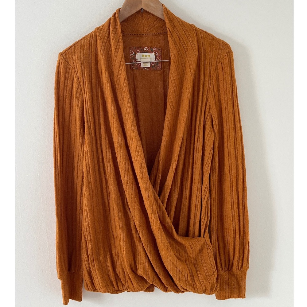 Anthropologie Maeve Surplice Ribbed Sweater Gold Medium‎ EUC